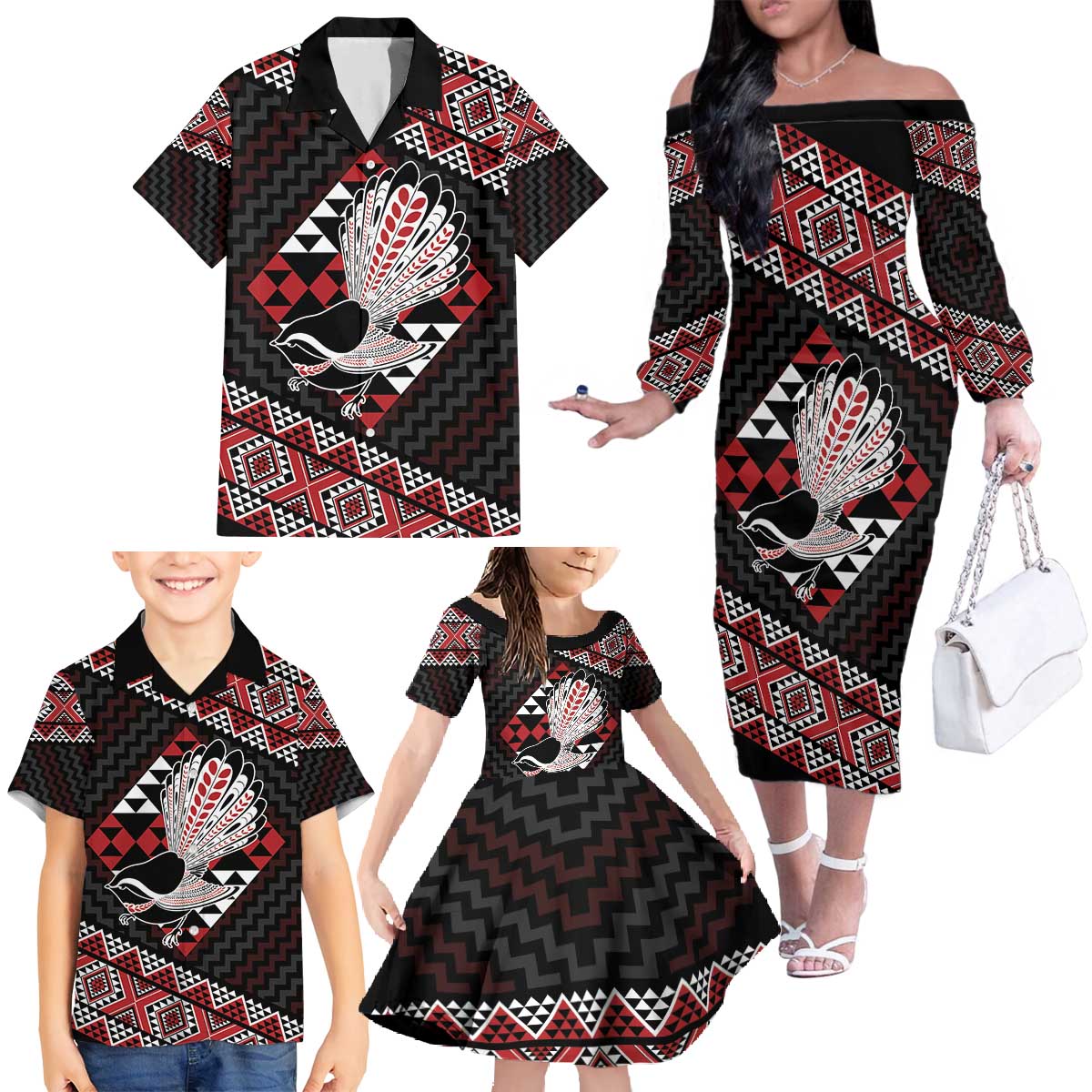 Taniko Aotearoa Family Matching Off The Shoulder Long Sleeve Dress and Hawaiian Shirt Poutama Mix Piwakawaka