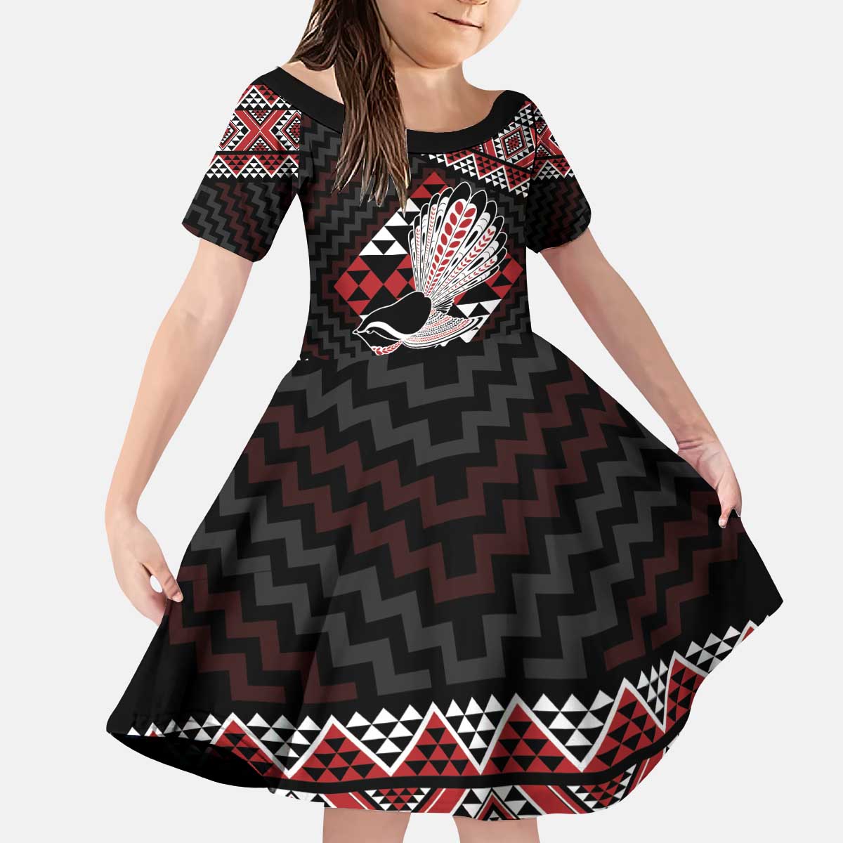 Taniko Aotearoa Kid Short Sleeve Dress Poutama Mix Piwakawaka LT7 KID Red - Polynesian Pride
