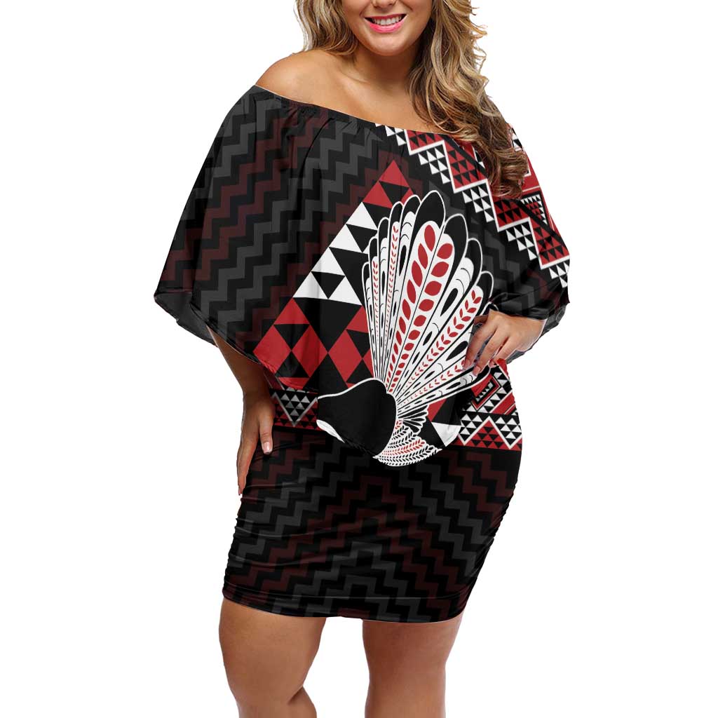 Taniko Aotearoa Off Shoulder Short Dress Poutama Mix Piwakawaka LT7 Women Red - Polynesian Pride