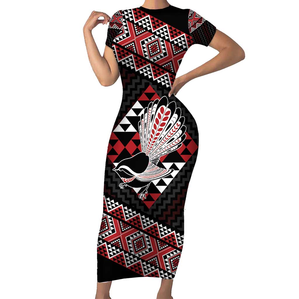 Taniko Aotearoa Short Sleeve Bodycon Dress Poutama Mix Piwakawaka