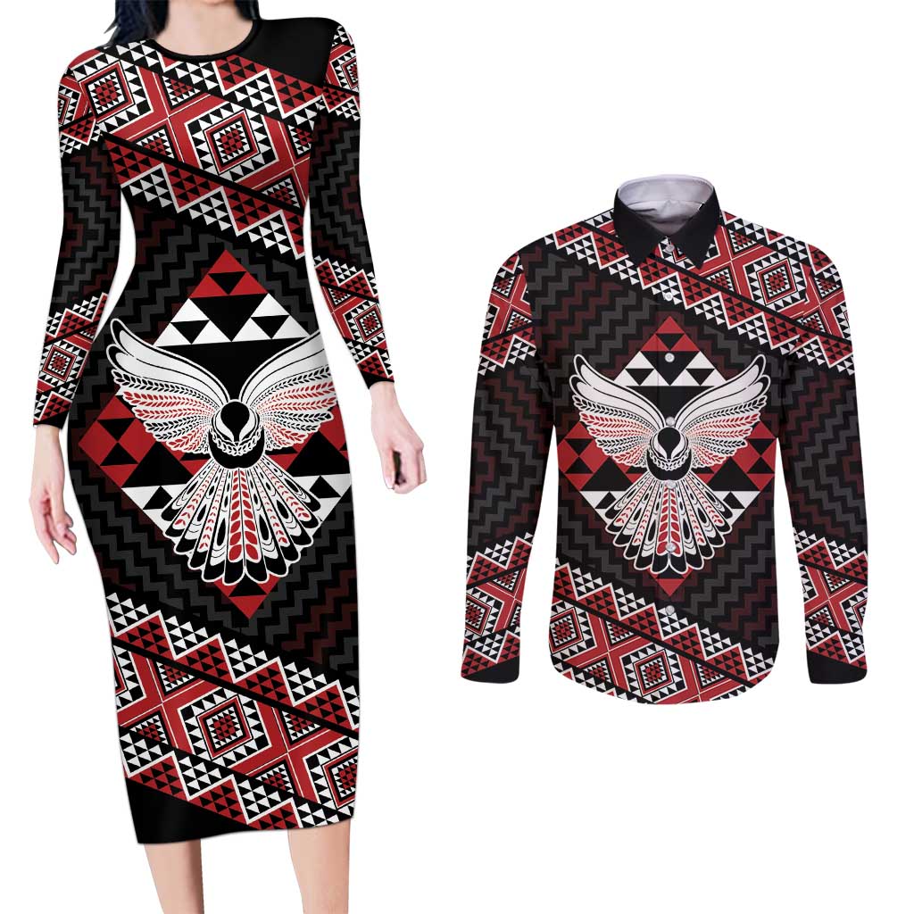 Taniko Aotearoa Couples Matching Long Sleeve Bodycon Dress and Long Sleeve Button Shirt Poutama Mix Piwakawaka - Ver02