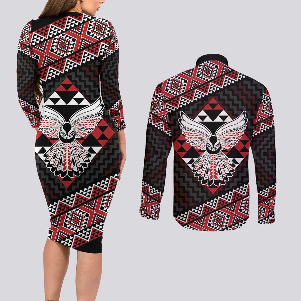 Taniko Aotearoa Couples Matching Long Sleeve Bodycon Dress and Long Sleeve Button Shirt Poutama Mix Piwakawaka - Ver02
