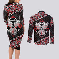 Taniko Aotearoa Couples Matching Long Sleeve Bodycon Dress and Long Sleeve Button Shirt Poutama Mix Piwakawaka - Ver02