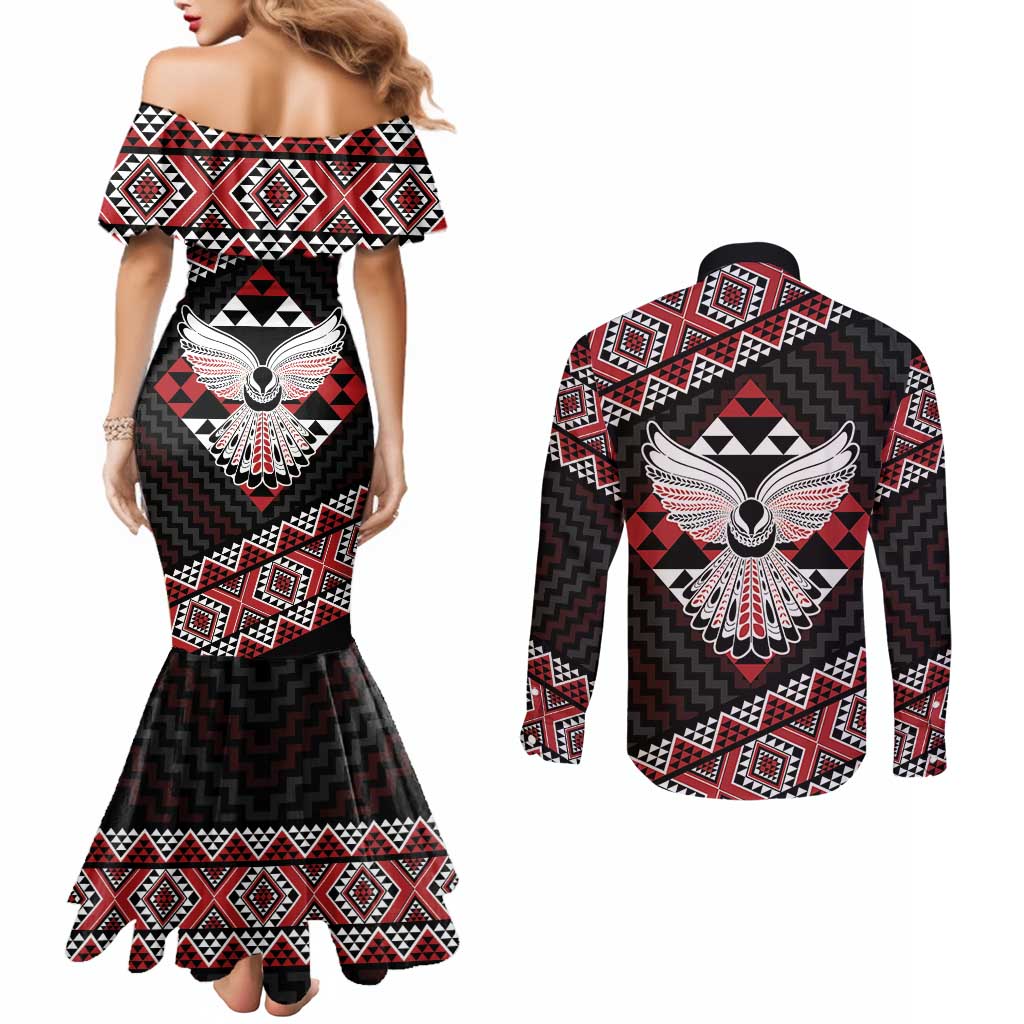 Taniko Aotearoa Couples Matching Mermaid Dress and Long Sleeve Button Shirt Poutama Mix Piwakawaka - Ver02