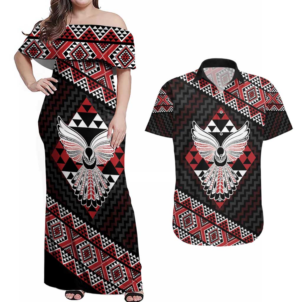 Taniko Aotearoa Couples Matching Off Shoulder Maxi Dress and Hawaiian Shirt Poutama Mix Piwakawaka - Ver02