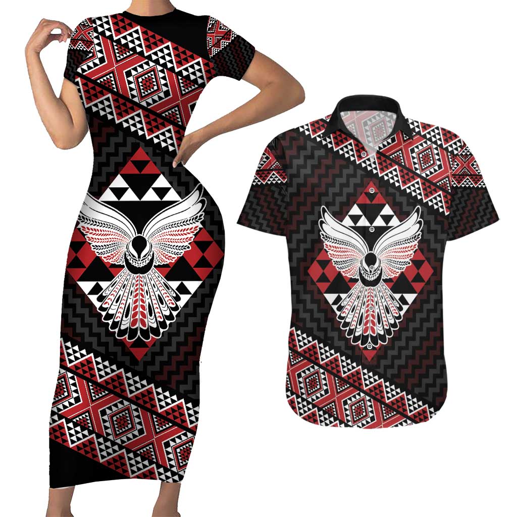 Taniko Aotearoa Couples Matching Short Sleeve Bodycon Dress and Hawaiian Shirt Poutama Mix Piwakawaka - Ver02