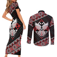 Taniko Aotearoa Couples Matching Short Sleeve Bodycon Dress and Long Sleeve Button Shirt Poutama Mix Piwakawaka - Ver02