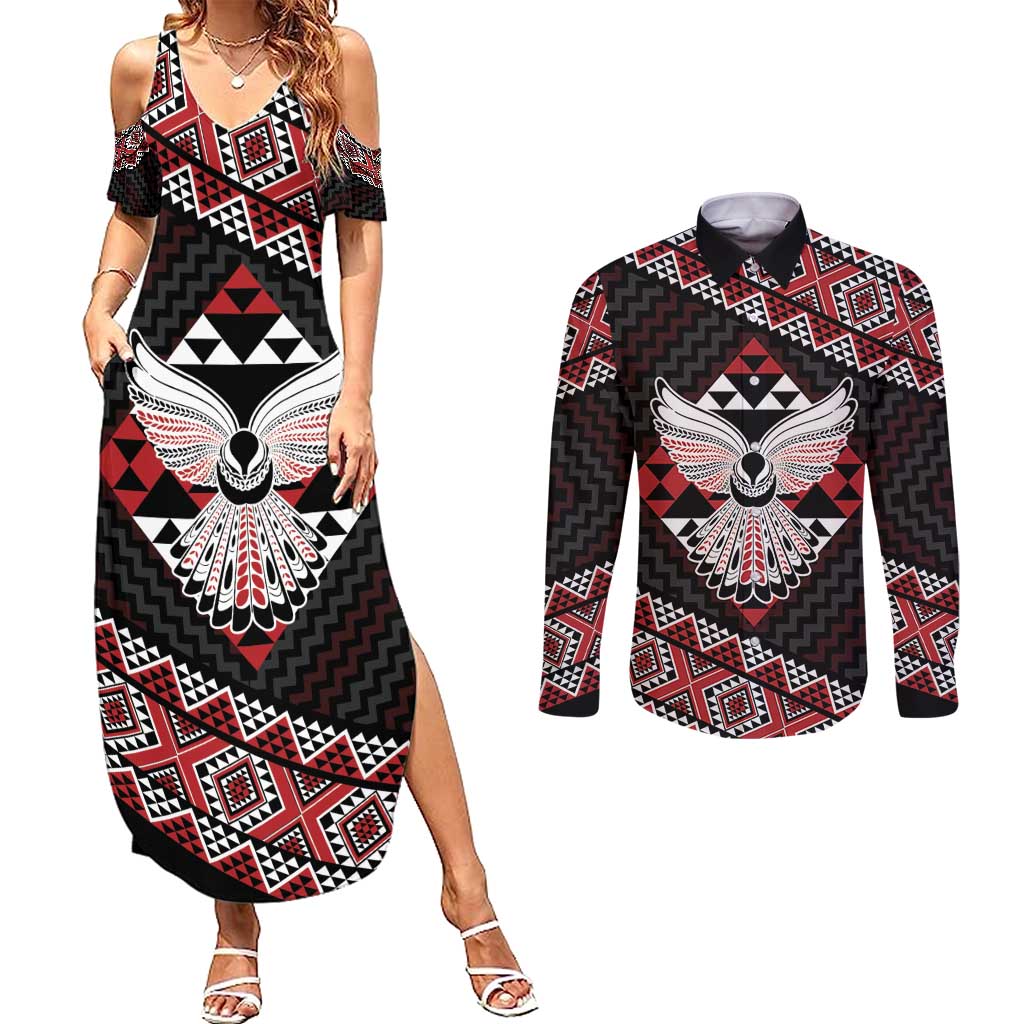Taniko Aotearoa Couples Matching Summer Maxi Dress and Long Sleeve Button Shirt Poutama Mix Piwakawaka - Ver02