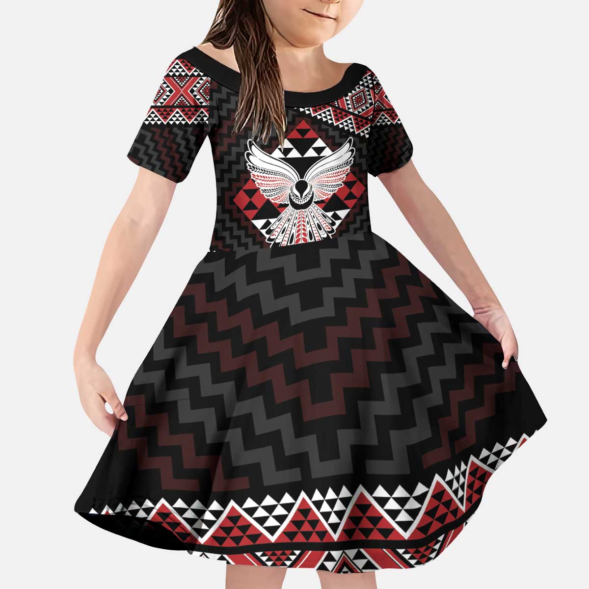 Taniko Aotearoa Kid Short Sleeve Dress Poutama Mix Piwakawaka - Ver02