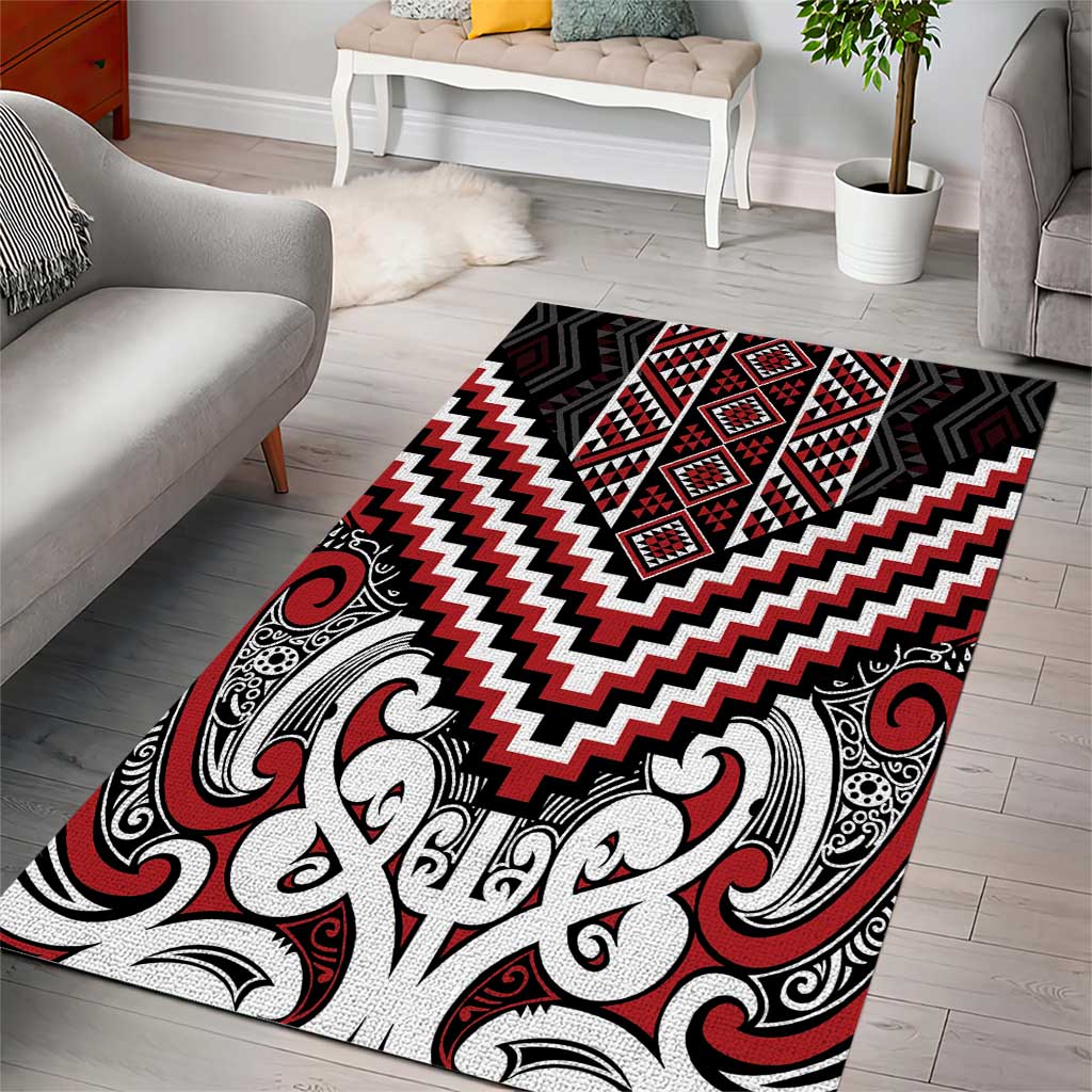 Maori Tukutuku Taniko Motifs Area Rug Red Poutama Mix Kowhaiwhai
