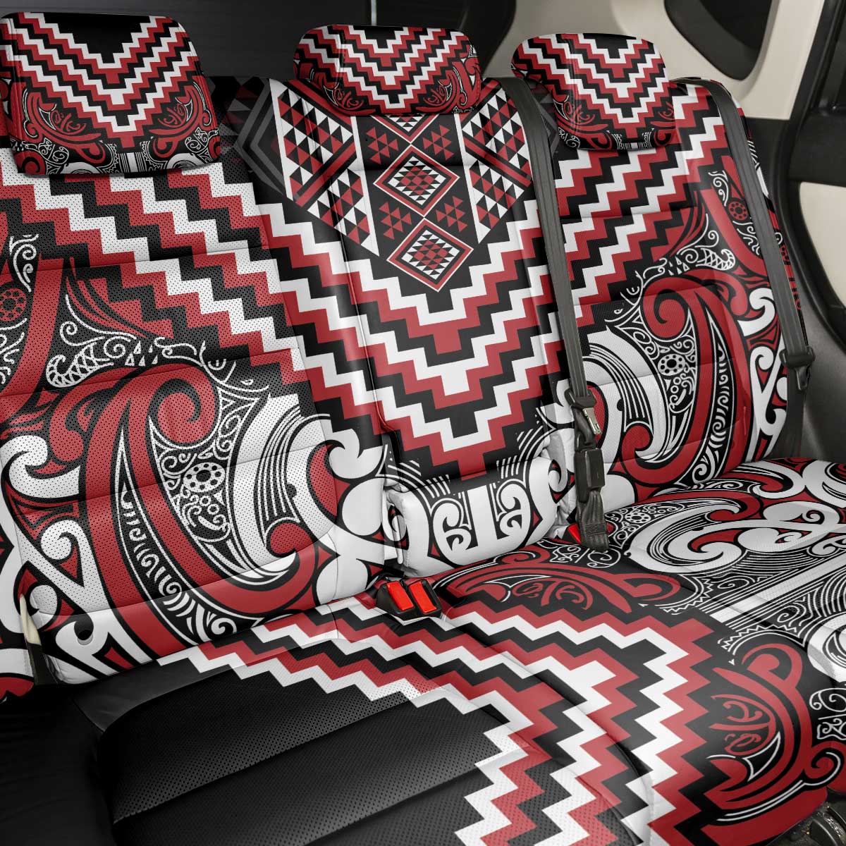 Maori Tukutuku Taniko Motifs Back Car Seat Cover Red Poutama Mix Kowhaiwhai