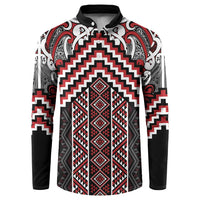 Maori Tukutuku Taniko Motifs Button Sweatshirt Red Poutama Mix Kowhaiwhai