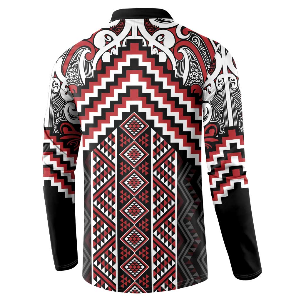 Maori Tukutuku Taniko Motifs Button Sweatshirt Red Poutama Mix Kowhaiwhai