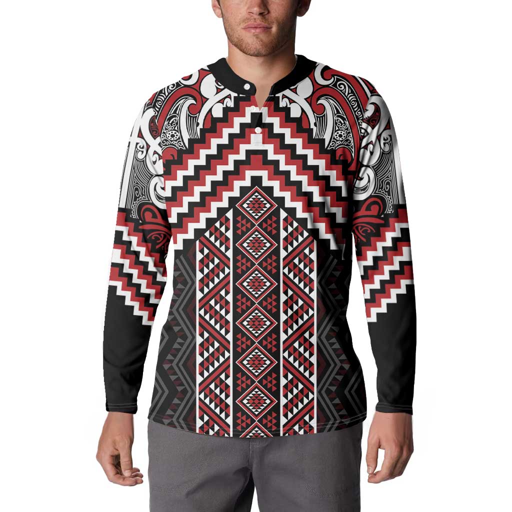 Maori Tukutuku Taniko Motifs Button Sweatshirt Red Poutama Mix Kowhaiwhai
