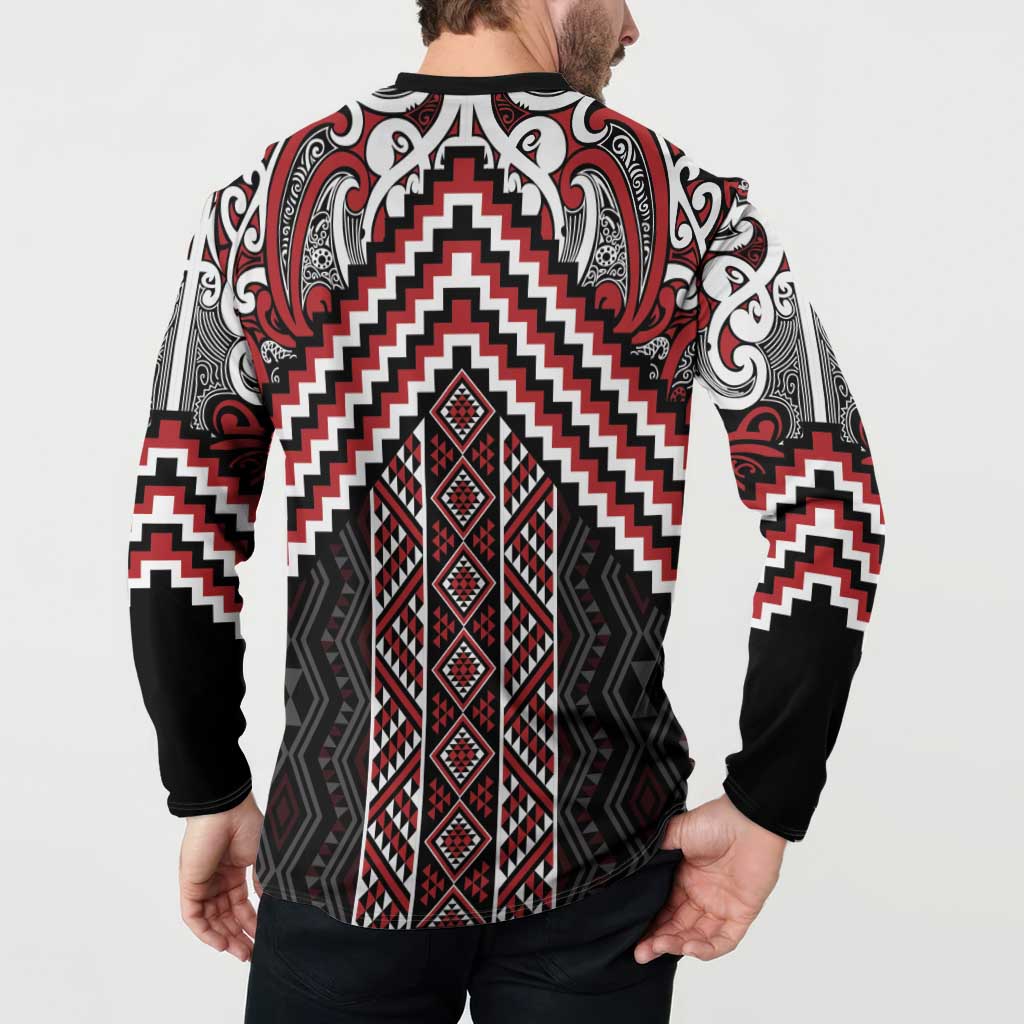 Maori Tukutuku Taniko Motifs Button Sweatshirt Red Poutama Mix Kowhaiwhai