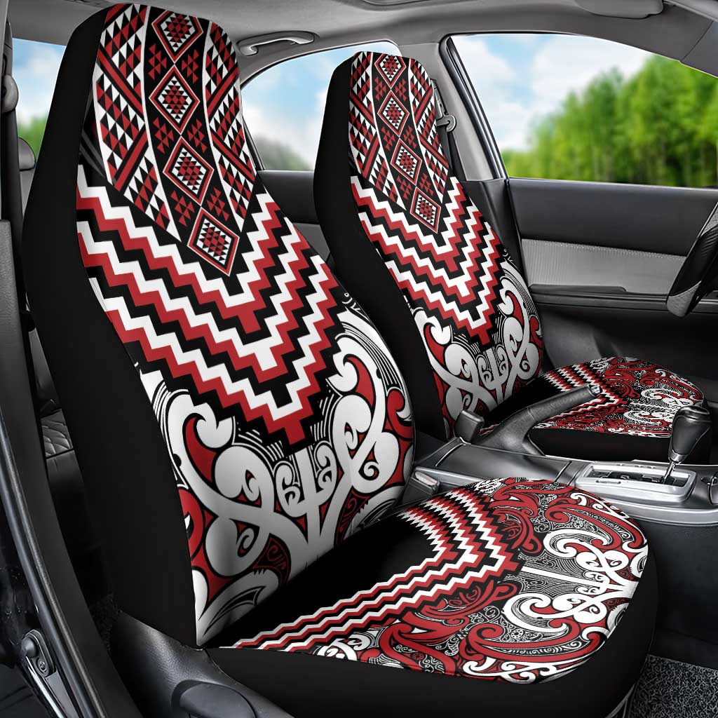 Maori Tukutuku Taniko Motifs Car Seat Cover Red Poutama Mix Kowhaiwhai