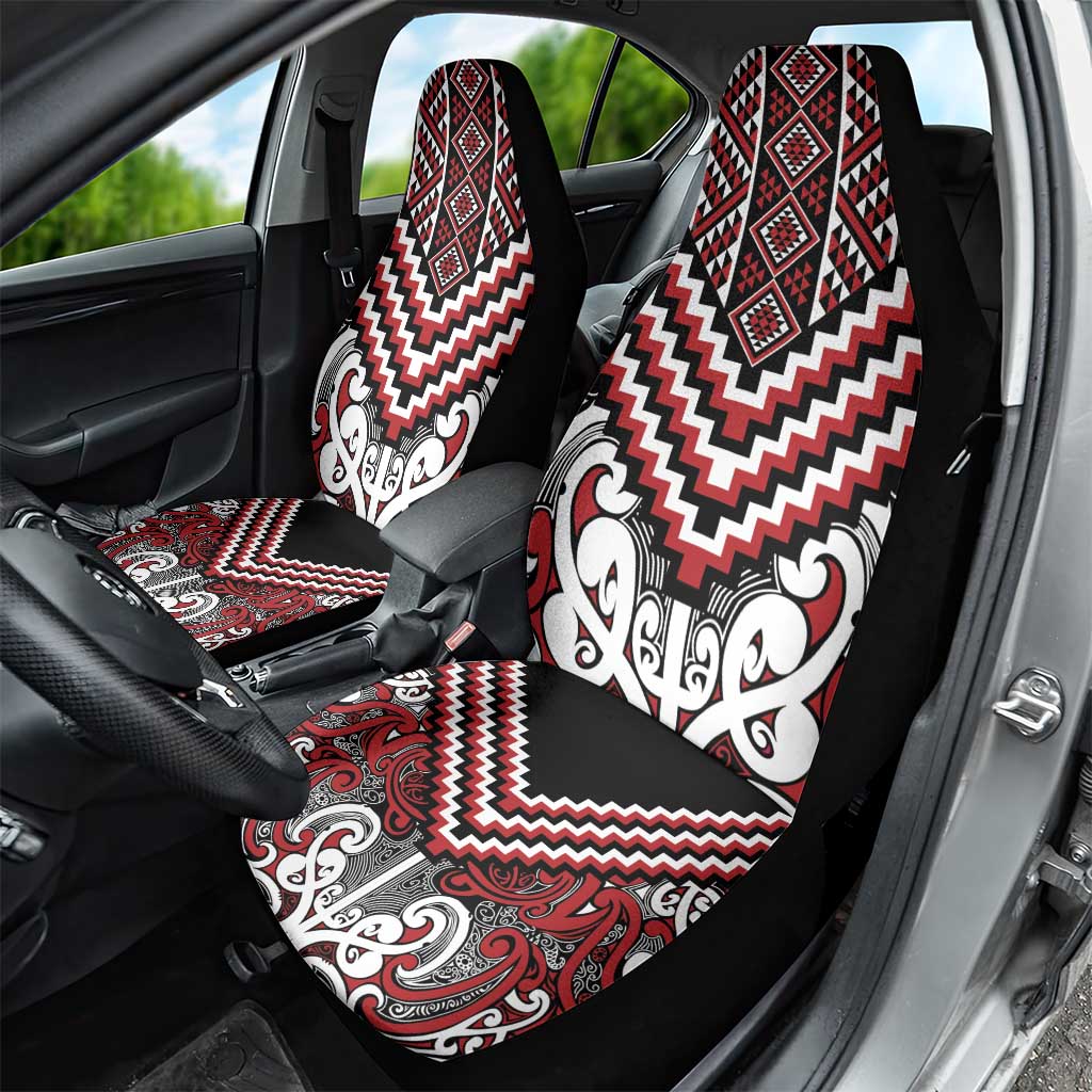 Maori Tukutuku Taniko Motifs Car Seat Cover Red Poutama Mix Kowhaiwhai