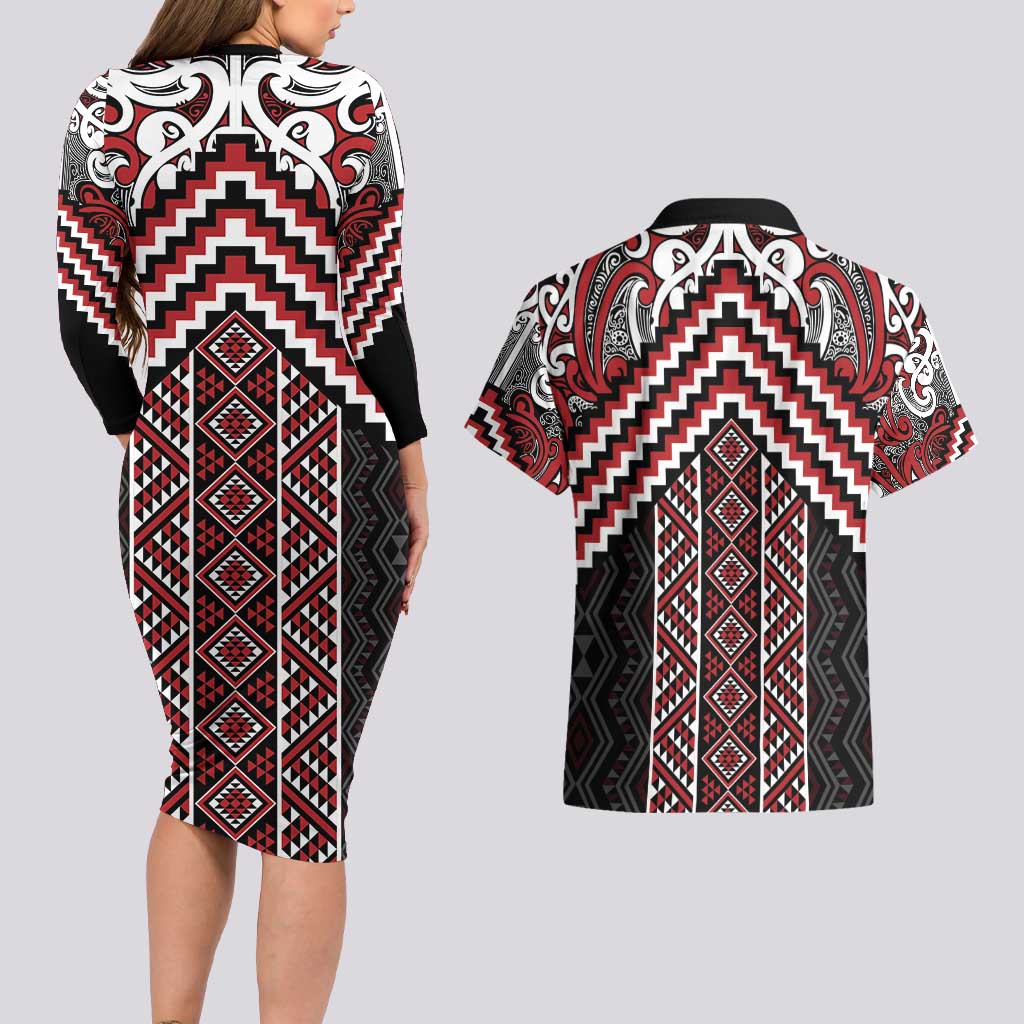 Maori Tukutuku Taniko Motifs Couples Matching Long Sleeve Bodycon Dress and Hawaiian Shirt Red Poutama Mix Kowhaiwhai