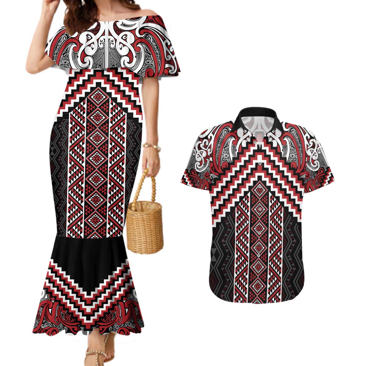 Maori Tukutuku Taniko Motifs Couples Matching Mermaid Dress and Hawaiian Shirt Red Poutama Mix Kowhaiwhai