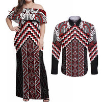 Maori Tukutuku Taniko Motifs Couples Matching Off Shoulder Maxi Dress and Long Sleeve Button Shirt Red Poutama Mix Kowhaiwhai LT7 Red - Polynesian Pride
