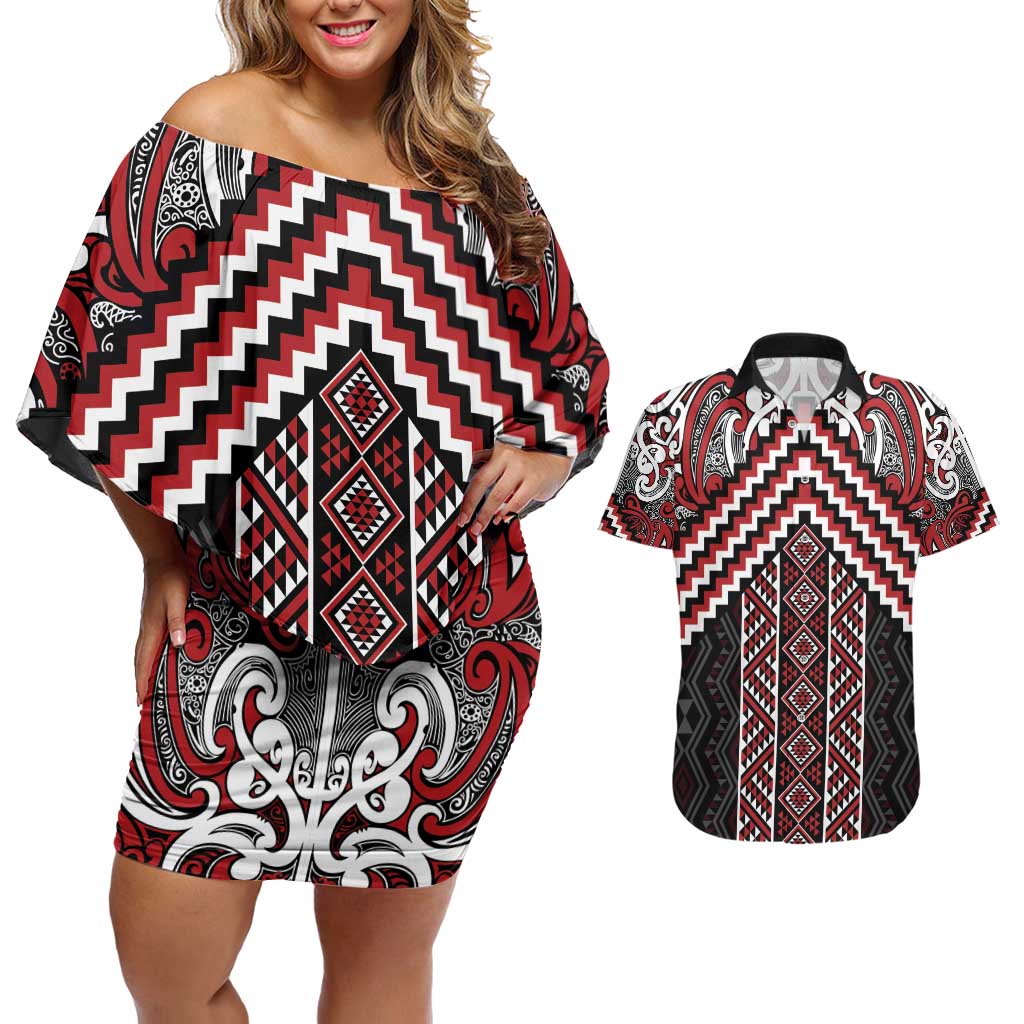Maori Tukutuku Taniko Motifs Couples Matching Off Shoulder Short Dress and Hawaiian Shirt Red Poutama Mix Kowhaiwhai