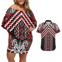 Maori Tukutuku Taniko Motifs Couples Matching Off Shoulder Short Dress and Hawaiian Shirt Red Poutama Mix Kowhaiwhai