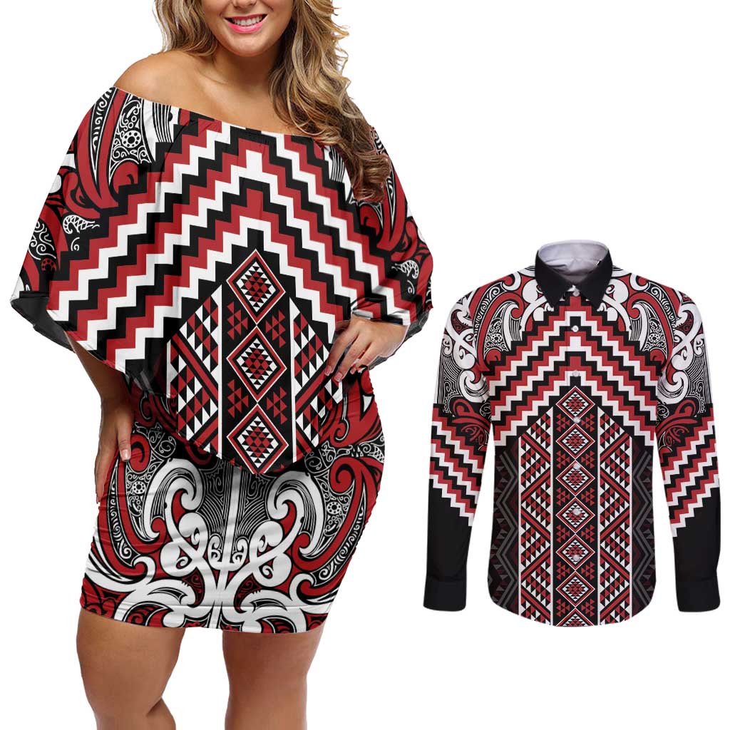 Maori Tukutuku Taniko Motifs Couples Matching Off Shoulder Short Dress and Long Sleeve Button Shirt Red Poutama Mix Kowhaiwhai LT7 Red - Polynesian Pride