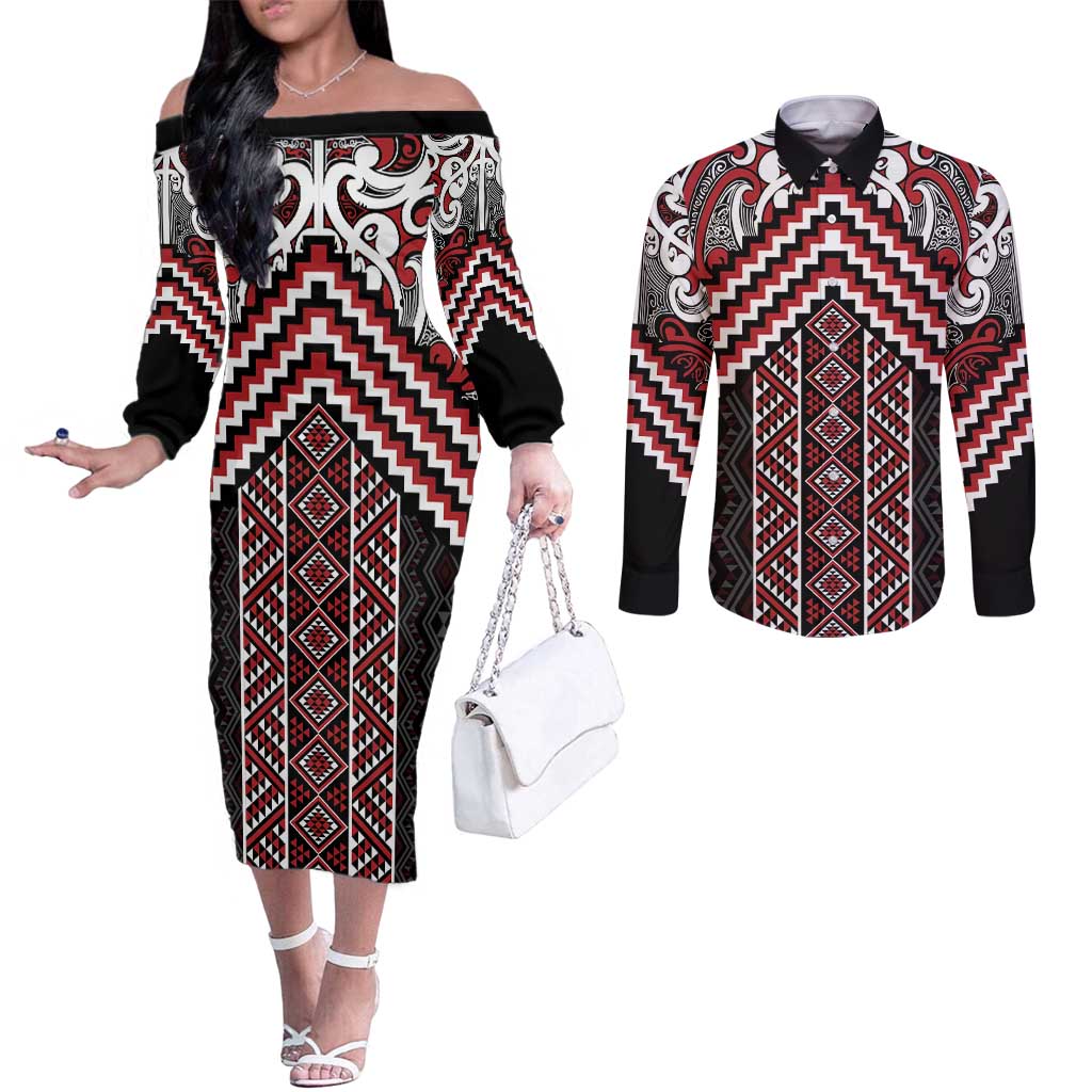 Maori Tukutuku Taniko Motifs Couples Matching Off The Shoulder Long Sleeve Dress and Long Sleeve Button Shirt Red Poutama Mix Kowhaiwhai LT7 Red - Polynesian Pride