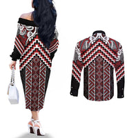 Maori Tukutuku Taniko Motifs Couples Matching Off The Shoulder Long Sleeve Dress and Long Sleeve Button Shirt Red Poutama Mix Kowhaiwhai LT7 - Polynesian Pride