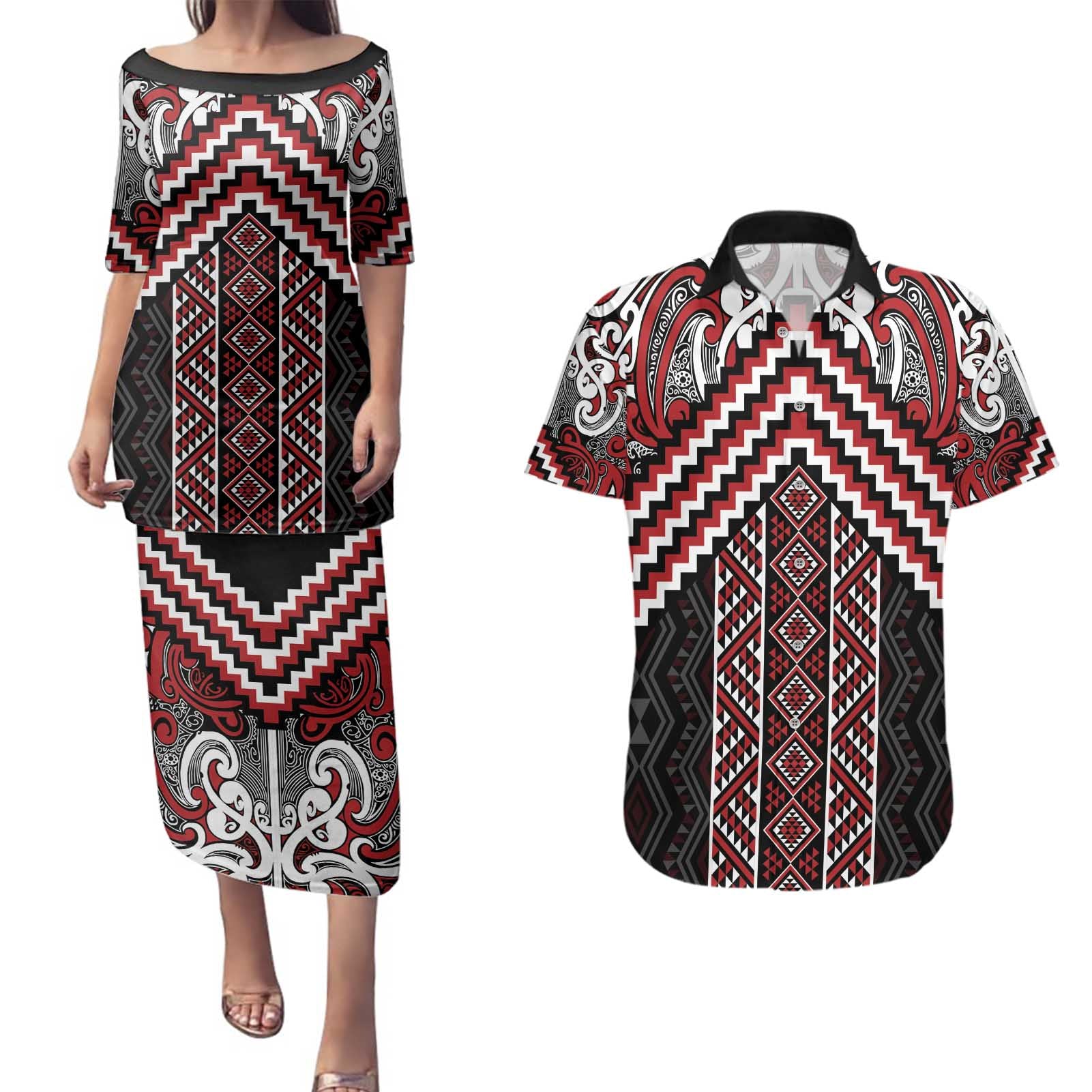 Maori Tukutuku Taniko Motifs Couples Matching Puletasi and Hawaiian Shirt Red Poutama Mix Kowhaiwhai