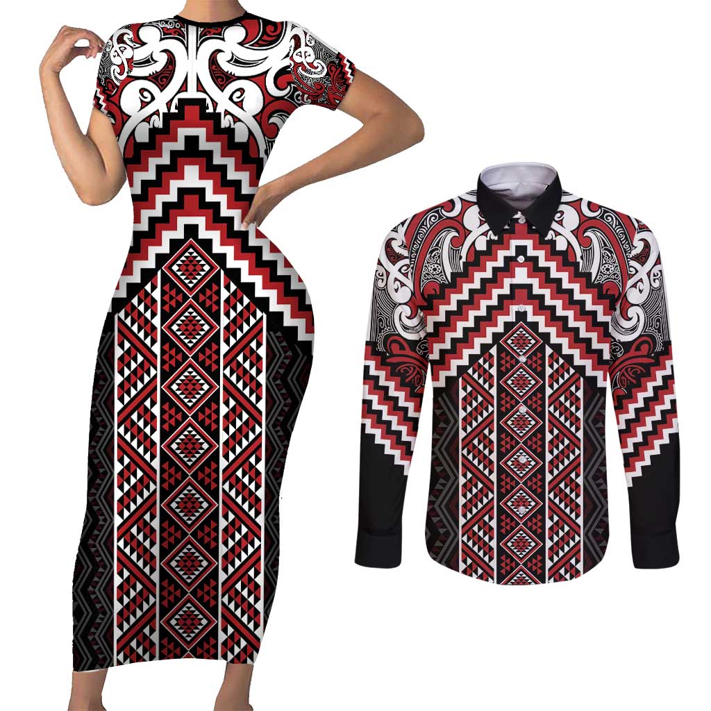 Maori Tukutuku Taniko Motifs Couples Matching Short Sleeve Bodycon Dress and Long Sleeve Button Shirt Red Poutama Mix Kowhaiwhai LT7 Red - Polynesian Pride