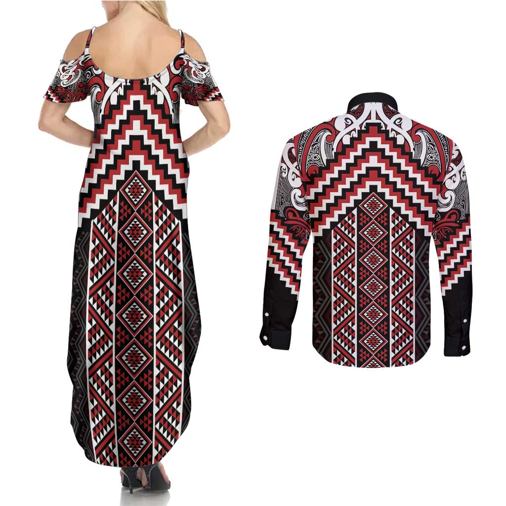 Maori Tukutuku Taniko Motifs Couples Matching Summer Maxi Dress and Long Sleeve Button Shirt Red Poutama Mix Kowhaiwhai LT7 - Polynesian Pride
