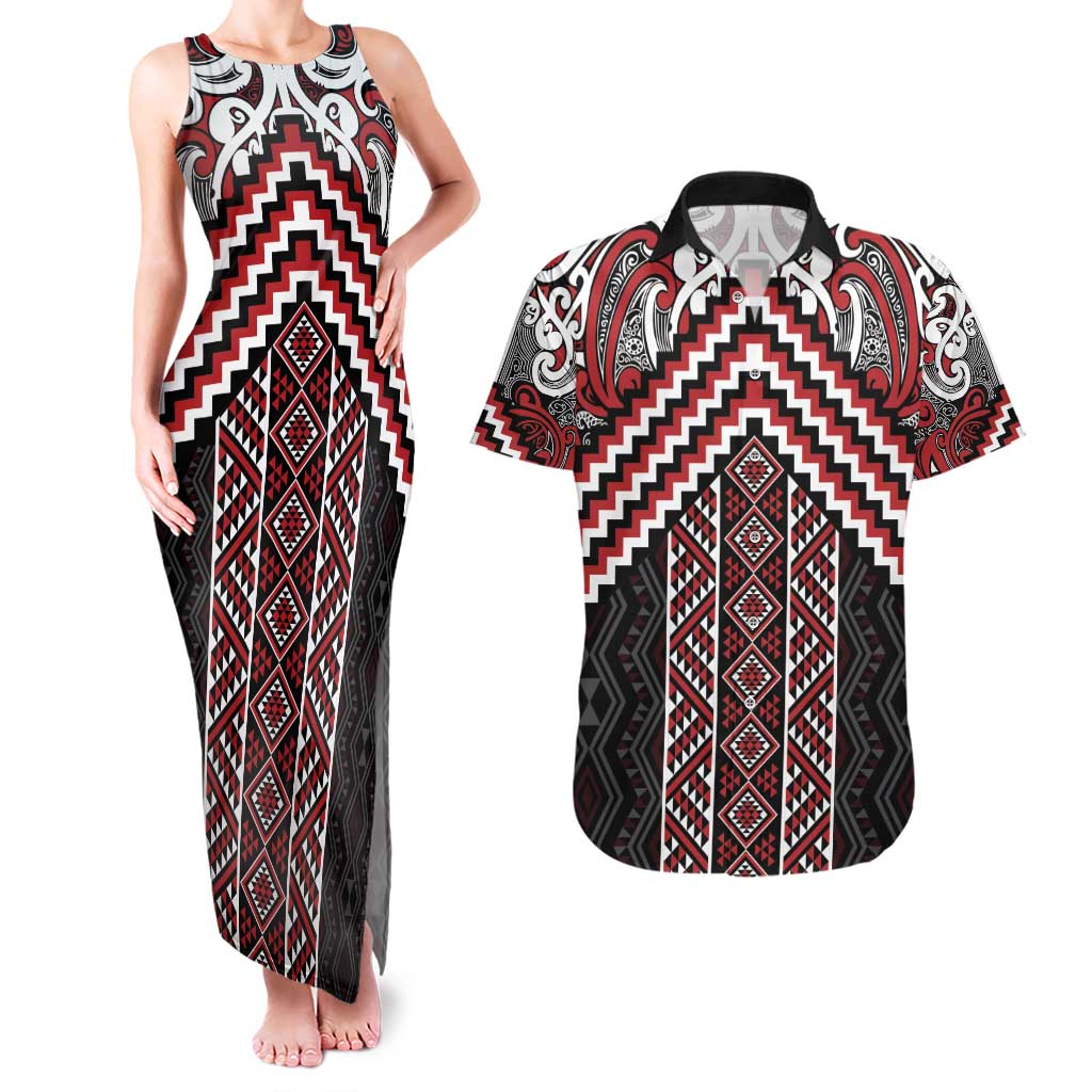 Maori Tukutuku Taniko Motifs Couples Matching Tank Maxi Dress and Hawaiian Shirt Red Poutama Mix Kowhaiwhai