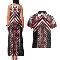 Maori Tukutuku Taniko Motifs Couples Matching Tank Maxi Dress and Hawaiian Shirt Red Poutama Mix Kowhaiwhai