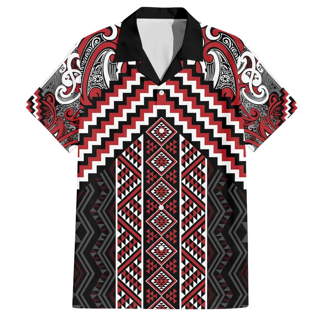 Maori Tukutuku Taniko Motifs Family Matching Long Sleeve Bodycon Dress and Hawaiian Shirt Red Poutama Mix Kowhaiwhai