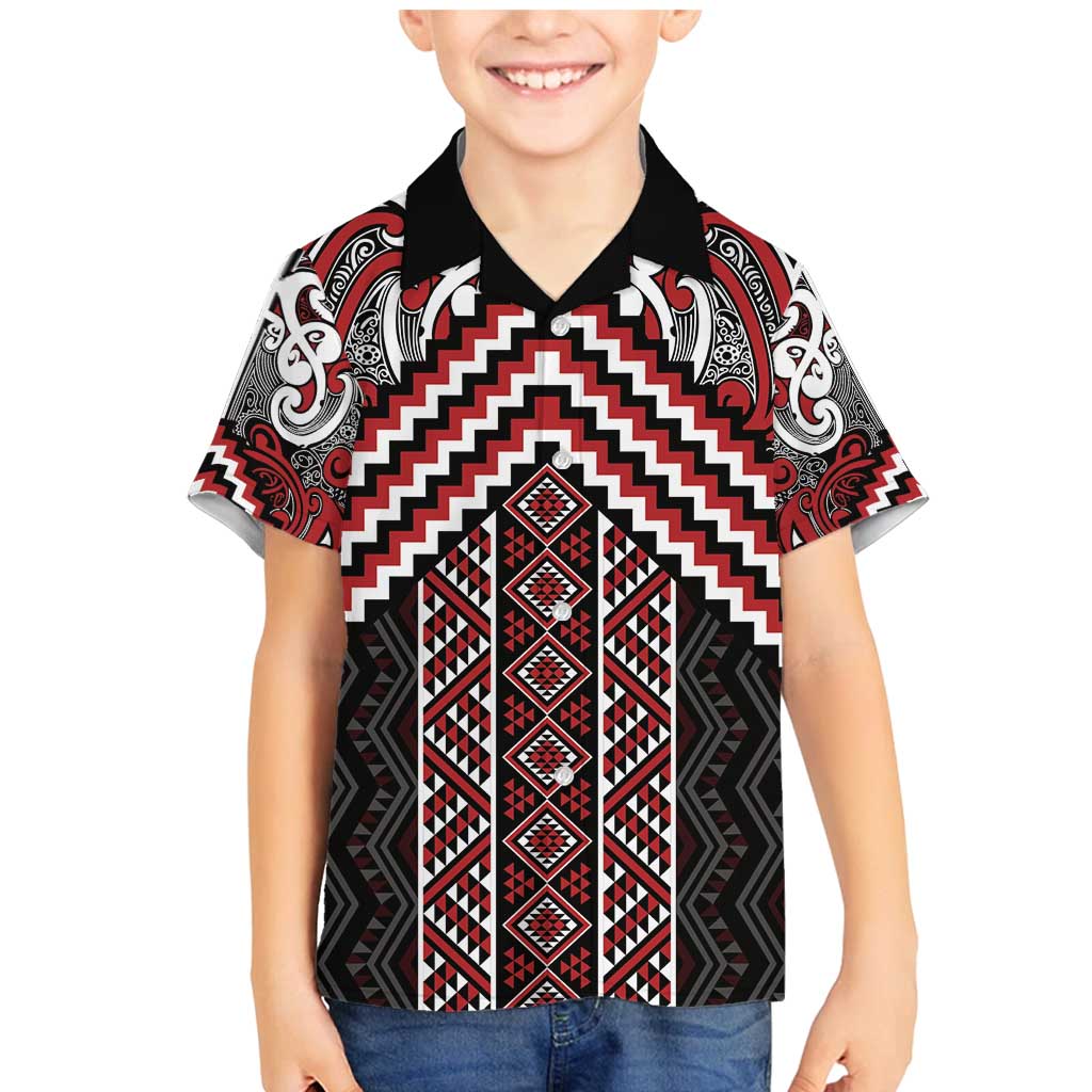 Maori Tukutuku Taniko Motifs Family Matching Mermaid Dress and Hawaiian Shirt Red Poutama Mix Kowhaiwhai