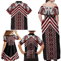 Maori Tukutuku Taniko Motifs Family Matching Off Shoulder Maxi Dress and Hawaiian Shirt Red Poutama Mix Kowhaiwhai