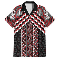 Maori Tukutuku Taniko Motifs Family Matching Off Shoulder Maxi Dress and Hawaiian Shirt Red Poutama Mix Kowhaiwhai