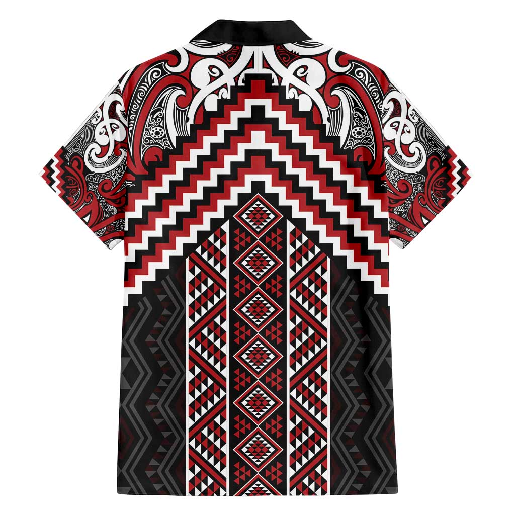Maori Tukutuku Taniko Motifs Family Matching Off Shoulder Maxi Dress and Hawaiian Shirt Red Poutama Mix Kowhaiwhai