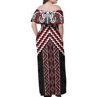 Maori Tukutuku Taniko Motifs Family Matching Off Shoulder Maxi Dress and Hawaiian Shirt Red Poutama Mix Kowhaiwhai
