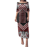Maori Tukutuku Taniko Motifs Family Matching Puletasi and Hawaiian Shirt Red Poutama Mix Kowhaiwhai