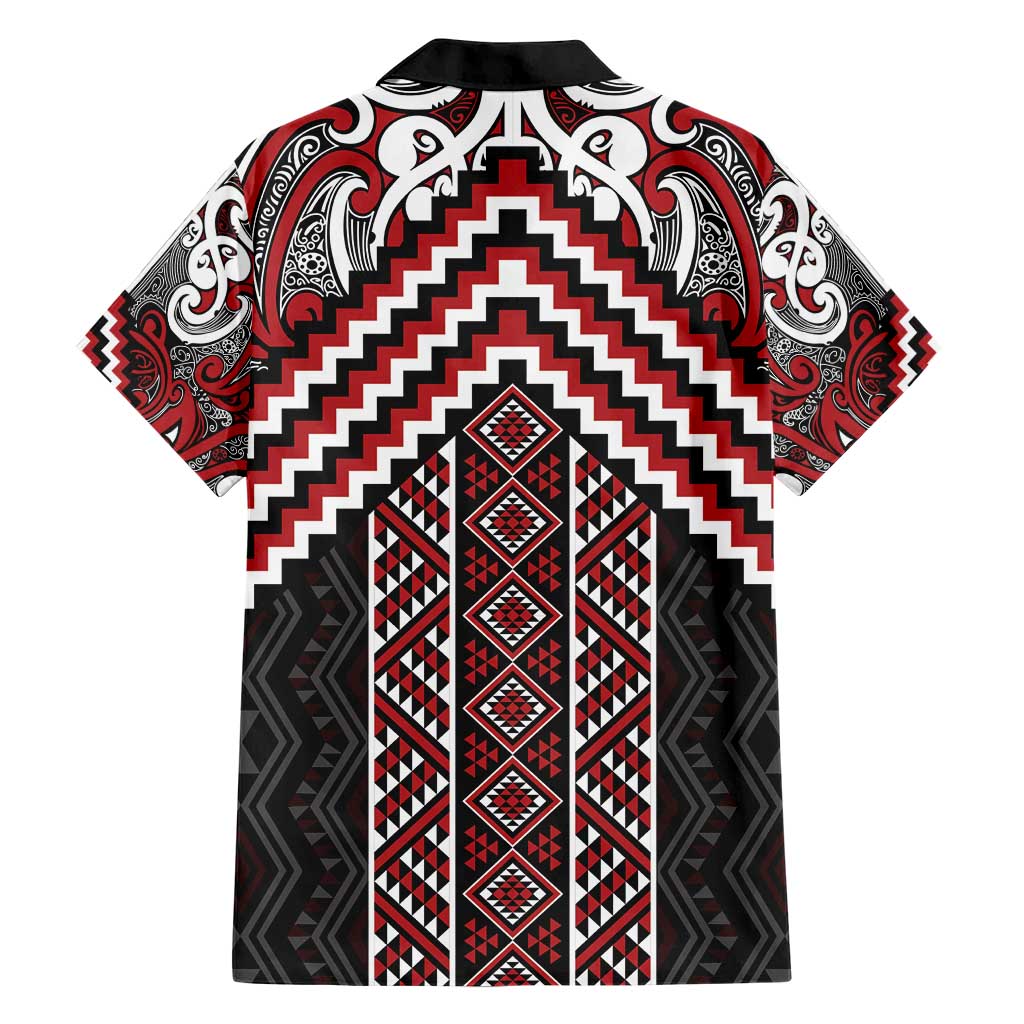Maori Tukutuku Taniko Motifs Family Matching Short Sleeve Bodycon Dress and Hawaiian Shirt Red Poutama Mix Kowhaiwhai