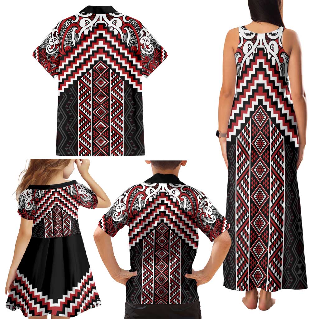 Maori Tukutuku Taniko Motifs Family Matching Tank Maxi Dress and Hawaiian Shirt Red Poutama Mix Kowhaiwhai