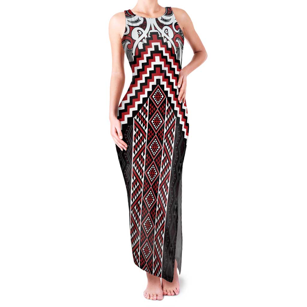Maori Tukutuku Taniko Motifs Family Matching Tank Maxi Dress and Hawaiian Shirt Red Poutama Mix Kowhaiwhai