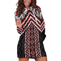 Maori Tukutuku Taniko Motifs Hoodie Dress Red Poutama Mix Kowhaiwhai