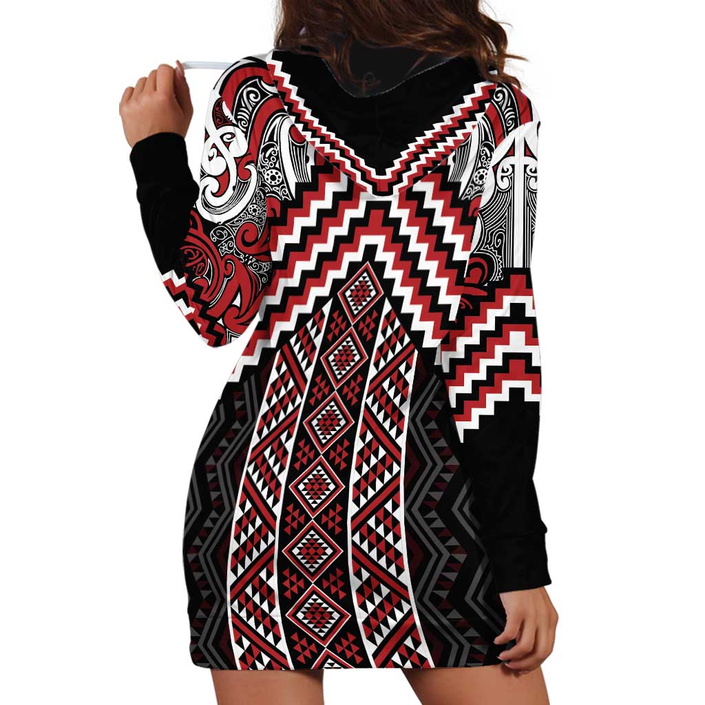 Maori Tukutuku Taniko Motifs Hoodie Dress Red Poutama Mix Kowhaiwhai