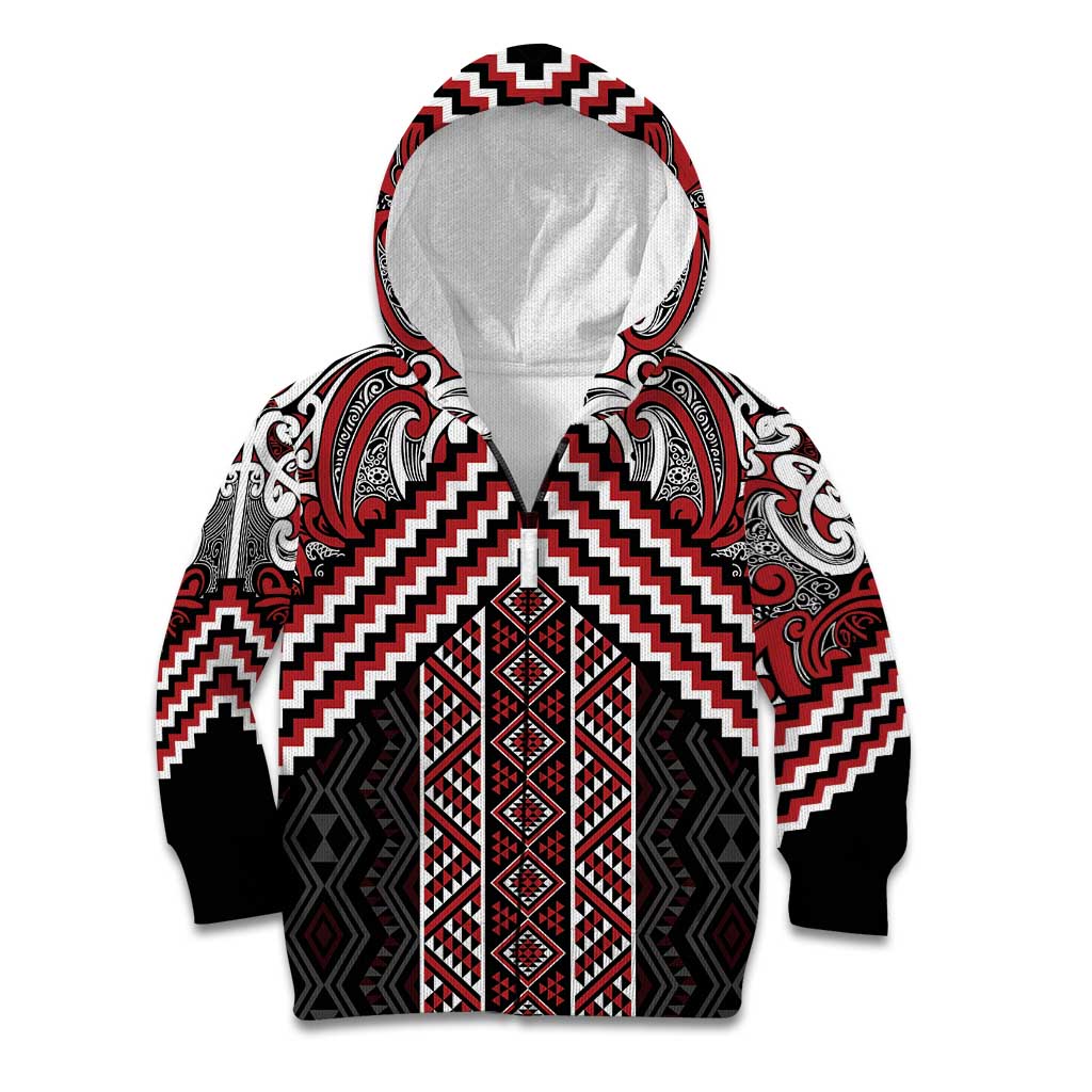 Maori Tukutuku Taniko Motifs Kid Hoodie Red Poutama Mix Kowhaiwhai