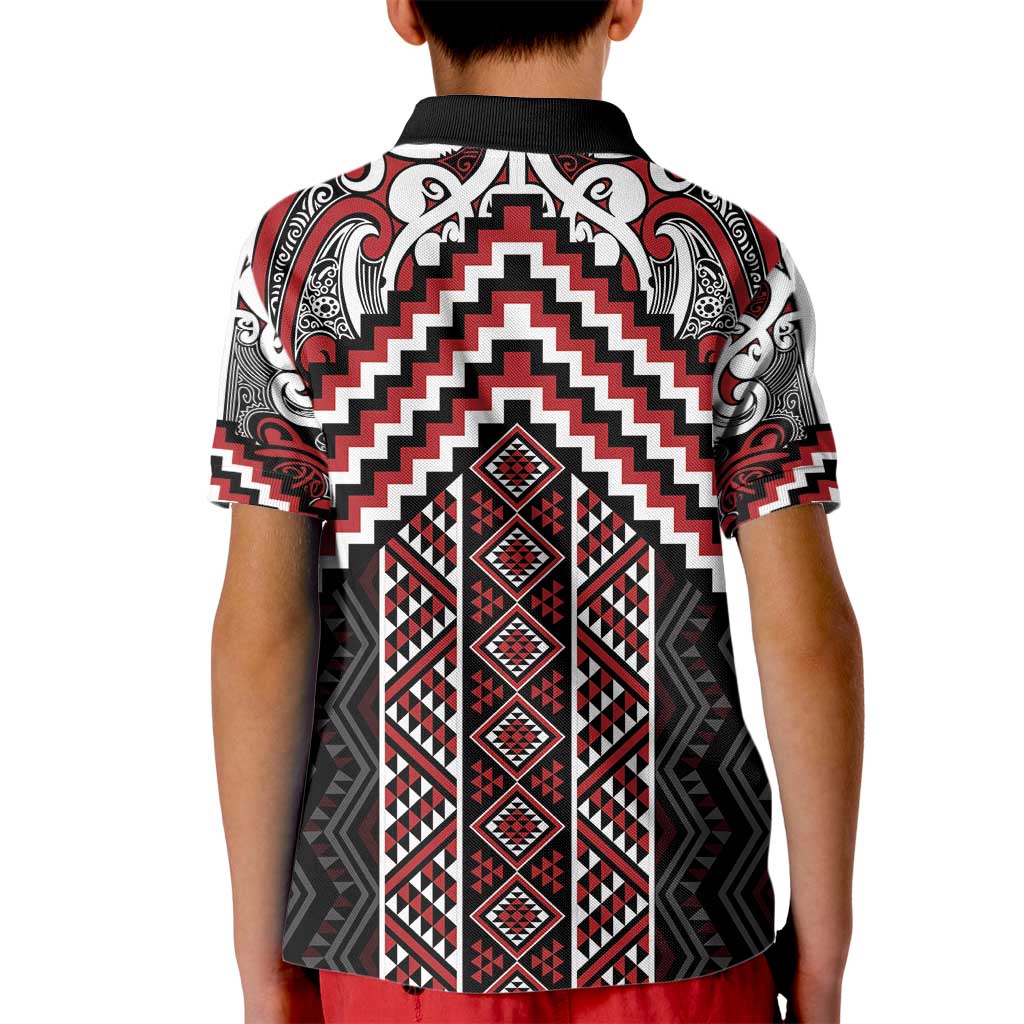 Maori Tukutuku Taniko Motifs Kid Polo Shirt Red Poutama Mix Kowhaiwhai