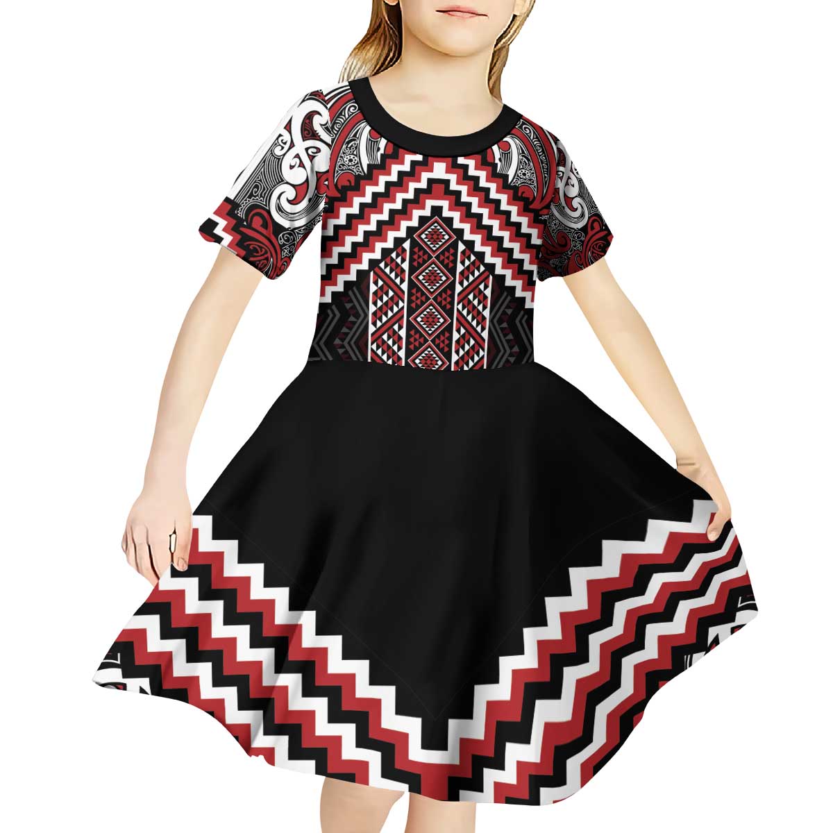 Maori Tukutuku Taniko Motifs Kid Short Sleeve Dress Red Poutama Mix Kowhaiwhai