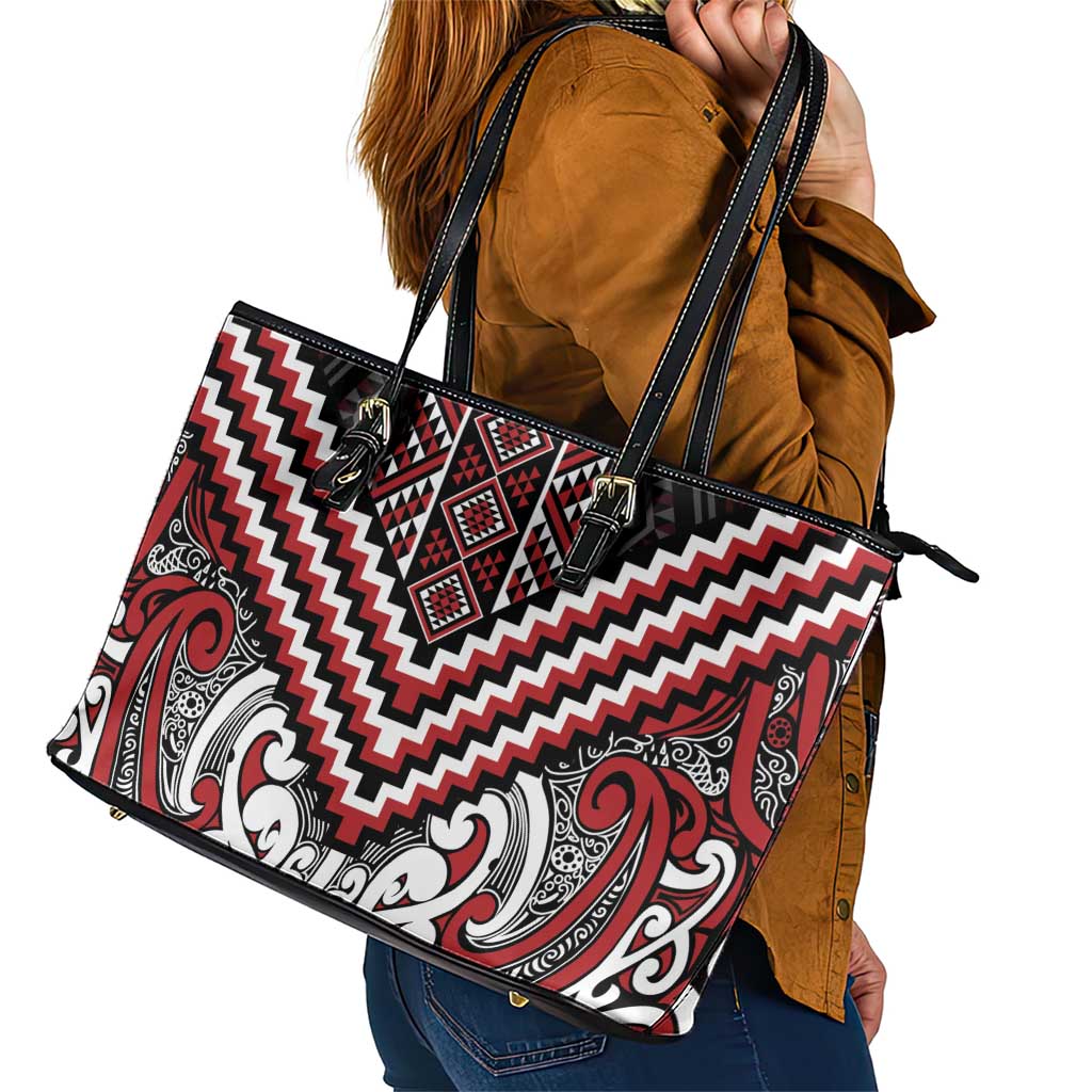 Maori Tukutuku Taniko Motifs Leather Tote Bag Red Poutama Mix Kowhaiwhai